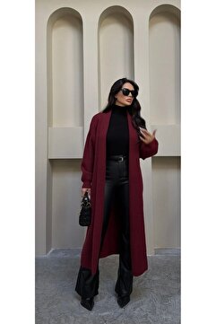 LUMİ Atelier Kadın Bordo Oversize Uzun Peluş Dokulu Triko Hırka