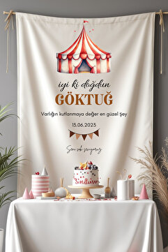 Puppetzzz Kişiye Özel Büyük Ebat Birinci Kalite Kumaş Circus Doğum Günü Duvar Örtüsü Flama Halısı Sirk Temalı