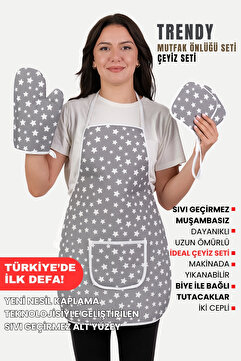 sevilya Trendy 3lü Set Su Geçirmez Mutfak Önlüğü Çeyiz Seti Isıya Dayanıklı Fırın Eldiveni Ve Tutacak Takımı