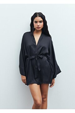Feu De Elu Fumée Siyah Kısa Saten Sabahlık / Kimono