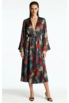 Feu De Elu Roxela Desenli Uzun Saten Sabahlık / Kimono