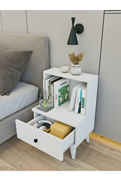 MONTENERO Sade Beyaz Komodin 1 Çekmeceli Açık Raflı Minimalist Yatak Odası 45x65 Cm