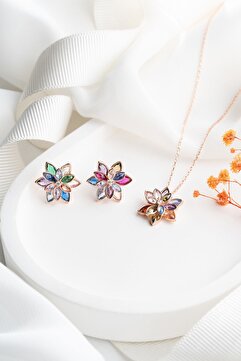 Silvano Jewelry 925 Ayar Lotus Çiçeği Gümüş Kolye Küpe Set