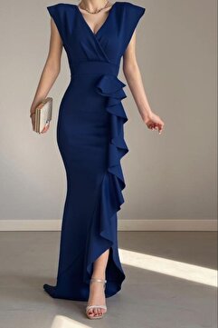 ALFUDO Moda Collection Kadın Lacivert Scuba Dalgıç Kumaş Kruvaze Yaka Eteği Volanlı Abiye Mezuniyet Nikah Elbise