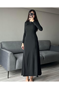 AB LOOKS Kadın Siyah Uzun Kollu Kylie Maxi Uzun Elbise Kloş Geniş Etekli Basic Uzun Elbise İç Göstermez