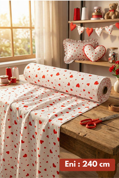 Morlay %100 Pamuk Kırmızı Kalpli Poplin Kumaş En: 240 cm Nevresim, Çarşaf, Yastık Kılıfı, Elbise ve Çanta