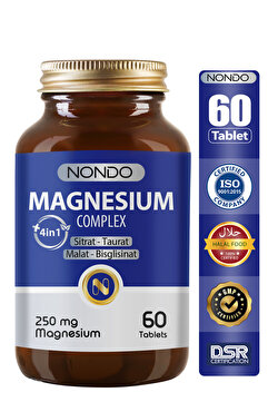 Nondo Magnezyum Kompleks 60 Tablet 250 mg 4 Form, Sitrat, Taurat, Malat, Bisglisinat, B6 Vitamini,