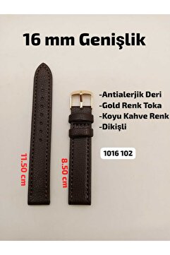 Brality 16 mm Uyumlu Kol Saati Kordonu KOYU KAHVE Renk Dikişli Model GOLD Renk Toka