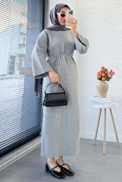 MELEK ARAZ Premium Amore Çelik Örme Kuşaklı Triko Elbise - Gri