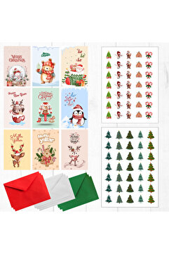 Bimotif 20 parça yılbaşı kartpostal, zarf ve sticker seti (9 adet kartpostal, 9 adet zarf, 2 sayfa sticker)