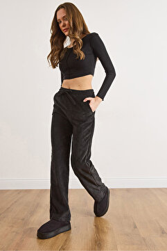 Olalook Kadın Siyah Kadife Cepli Beli Lastikli Kalın Fitilli Wide Leg Pantolon PNT-19000387