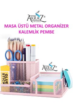 Akraz Art Design MASA ÜSTÜ METAL KALEMLİK ÜÇ GÖZLÜ (MASA SETİ) TOZ PEMBE