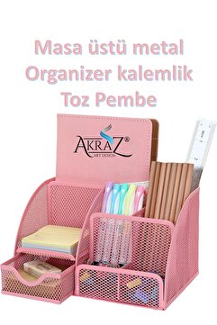 Akraz Art Design MASA ÜSTÜ METAL KALEMLİK TOZ PEMBE YEDİ GÖZLÜ (ORGANİZER MASA SETİ DÜZENLEYİCİ)