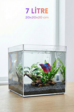 Melkan Home Premium Kristal Küp Nano Akvaryum & Beta Fanusu 20x20x20 cm 7 Litre - Karides ve Balık Akvaryumu