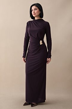 InStyle Büzgülü Yandan Broşlu Mor Sandy Elbise
