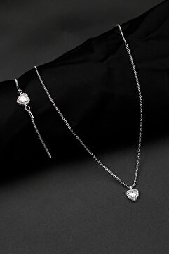 TREND COLLECTİON Zirkon Taşlı Kalp Charm Model Gümüş Renk Kadın Kolye Ve Bileklik Set