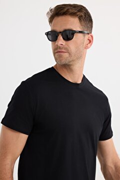 Tudors Erkek Slim Fit Dar Kesim Pamuklu Yumuşak Doku Likralı Esnek Kumaş Basic Siyah Bisiklet Yaka Tişört