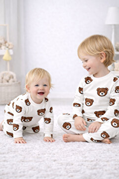 Drop Kids Bebek Pijama Takımı Uzun Ayıcık Desen %100 Pamuk Yenidoğan Çocuk Pijama