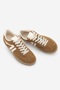 Marjin Kadın Sneaker Bağcıklı Düz Taban Spor Ayakkabı Tiyone Taba Süet