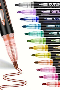 Hobi Goom Simli Metalik Outline Marker Kalem Seti-12 Adet | İki Renkli Kontur Efektli Yazı & Jel Kalemi