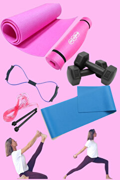 Tosima 7mm Pilates Minderi Direnç Pilates Lastiği Ve 1 Kg Çiftli Dumbell Sekizgen Lastik Ve Atlama Ipi Seti