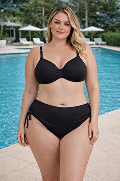 VAJESTO Kadın Siyah Likralı Esnek Şık Rahat Büyük Beden Telli Balenli Toparlayıcı Yüksek Bel Bikini Takım