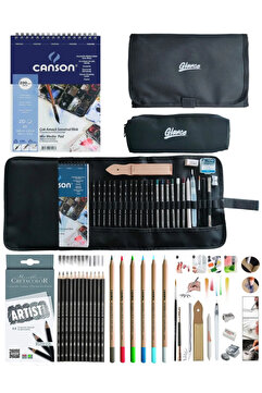GLANCE Defter A5 200gr Cretacolor 6'lı Aquarell-Dereceli Cepli Siyah Kalemlik 24 bölmeli + Kalem Kutusu Set