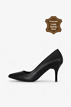 Grasyano Hakiki Deri Stiletto Siyah Sivri Burun Yumuşak Deriden Sade Konforlu 7,5 Cm Ince Topuklu Stiletto