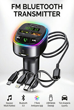 Kensa Bluetooth FM Transmitter – 3 USB Portlu Süper Hızlı Araç Şarj Cihazı