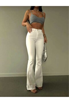 NWC Kadın Kırık Beyaz Ispanyol Paça Kot Pantolon Yüksek Bel Jeans (Kalın kumaş İç Göstermez)