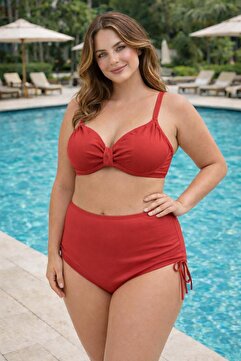 VAJESTO Kadın Bordo Likralı Esnek Şık Rahat Büyük Beden Battal Telli Balenli Yüksek Bel Bikini Takım