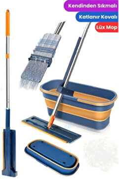 çt çeçem ticaret Kendinden Sıkmalı tekerlekli katlanır kovalı mop paspas seti 360° Başlik=11.5x41cm- Sap:130cm