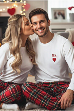 Siyah İnci ERKEK ekru kırmızı ekose desenli Sevgililer günü Valentine's Day Temalı Örme Pijama Takım 7969