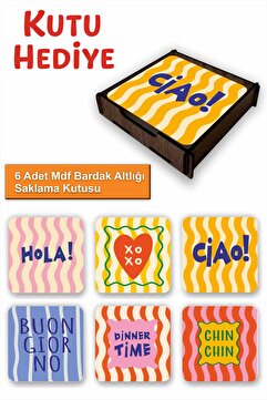 UNT 6’lı MDF Bardak Altlığı Saklama Kutulu – Dekoratif Akdeniz Desenli