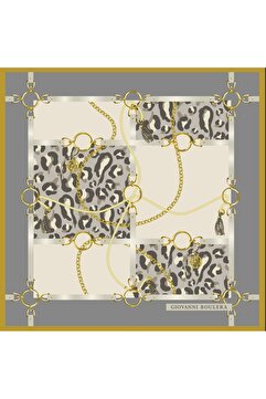 Giovanni Boulera Leopar Desenli Altın Zincirli,Çift Taraf Baskı ,Süper El Dikişi,16 mm %100 Mulberry Twill İpek Şal