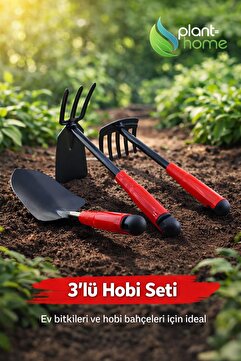 plant-home Hobi Çapa Tırmık Kürek 3’lü Set | Metal Bahçe El Aletleri | Saksı, Çiçek, Bitki ve Toprak İçin
