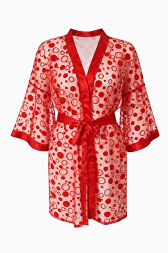 GOB Büyük Beden GoB Signature Kırmızı Desenli Tül Kimono – Büyük Beden, Şık ve Hafif Tasarım