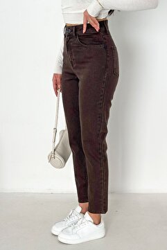 HLT JEANS Kahverengi Kadın Likralı Mom Jean Yüksek Bel Esnek Kot Pantolon ANNA-2074
