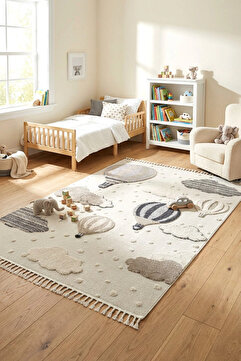 Eliz Home Krem Yumuşak Bukleli Balonlu Bulutlu Dokuma Halı Bebek Odası Çocuk Odası Genç Odası Halısı 16