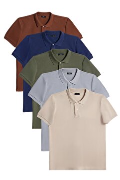 Tudors Erkek 5'li Paket Lacivert-Haki-Toprak-Bej-Gri Slim Fit Dar Kesim Pamuklu Düz Pike Polo Yaka Tişört