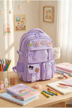 Roomys Kawaii Pro İthal Yeni Sezon Ergonomik Kore Tarzı Aksesuarlı Ve Ayıcıklı Mor Okul Sırt Çantası