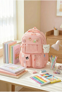 Roomys Kawaii Pro İthal Yeni Sezon Ergonomik Kore Tarzı Aksesuarlı Ve Ayıcıklı Pembe Okul Sırt Çantası