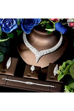 VİYA Hermosa Zirkon Taşlı Takı Seti Kolye Küpe Bileklik Yüzük Set Düğün Nişan Seti