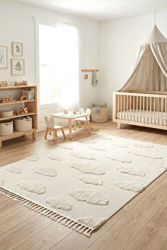 Eliz Home Bulut Desenli Krem Renk Dokuma Halı Bebek Odası Çocuk Odası Halısı 1