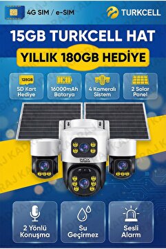 Kadraj Sim Kartlı, 4 Kameralı , Güneş Enerjili, Solar Panelli Kamera, 180GB TURKCELL Yıllık Hat, 128GB SD K
