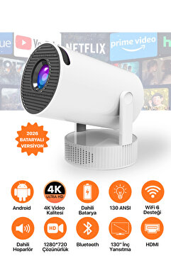 METONTECH Bataryalı Taşınabilir Android Projeksiyon Cihazı 2026 Seri | 4K Destekli WiFi Bluetooth, Ev Sineması