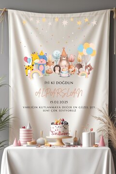 Puppetzzz Kişiye Özel Büyük Ebat Birinci Kalite Kumaş Örtüsü Renkli Tasarım Doğum Günü Flama Afiş