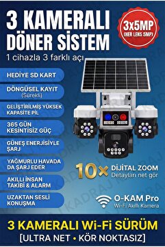Kadraj Solar Panelli + WIFI Kamera, Dahili Batarya , 3 LENS, Polis Çakarı, Sesli Alarm, 2 Yönlü Konuşma, An