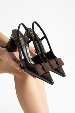 Lebibe Shoes LERINDA Kadın Acı Kahve Sivri Burun Rugan Slingback 7 cm Topuk Fiyonklu Klasik Ayakkabı