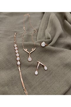 SURA SILVER BEYAZ DAMLA MODEL 925 AYAR ROSE GÜMÜŞ SET(KOLYE,KÜPE,BİLEKLİK VE AYARLANABİLİR YÜZÜK)